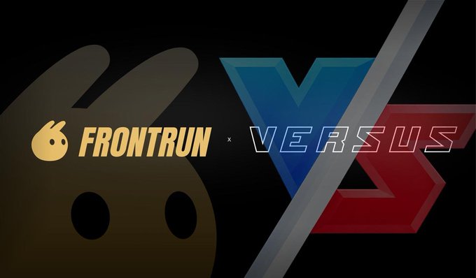 A promotional graphic featuring a dark background with a large gold bunny logo and the text "FRONTRUN" on the left, separated by an "x" from a blue and red "VERSUS" logo on the right, announcing a partnership between the two platforms.