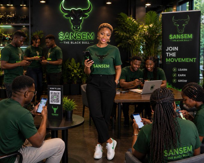 A young woman stands center stage at a "SANSEM – The Black Bull" branded event wearing a matching green $ANSEM t-shirt and holding up a phone, while community members around her engage with QR codes and branded materials. The scene directly illustrates the post's message about community involvement and growth, showing real participants actively engaging with $ANSEM rather than watching from the sidelines.