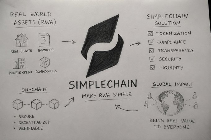 A hand-drawn infographic for SimpleChain explaining Real World Assets (RWA) including real estate, invoices, private credit, and commodities, with features like tokenization, compliance, transparency, security, and liquidity.
