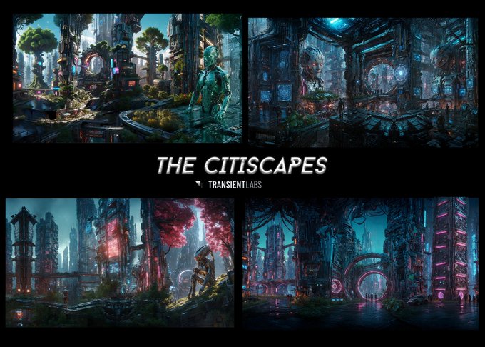 A promotional graphic titled 'THE CITISCAPES by TRANSIENT.LABS' displaying four cyberpunk-style cityscape illustrations featuring futuristic buildings, a glowing humanoid figure, and neon-lit urban environments.