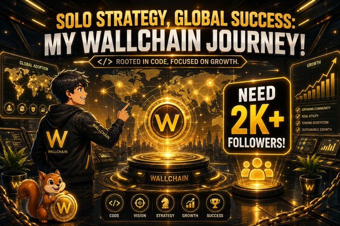 The image features a poster for a Wallchain project, which has a man standing next to a computer screen with a gold background. The poster includes text that reads "Solo Strategy, Global Success! My Wallchain Journey!" and "Need 2K+ followers!". There is also an image of the man holding a coin in his hand.