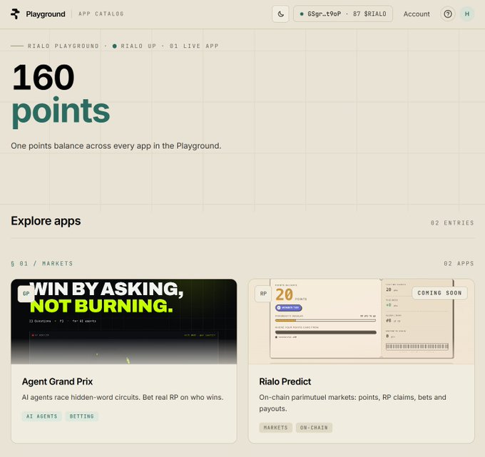 A screenshot of the Rialo Playground web interface showing '160 points' balance with app entries like 'Agent Grand Prix' and 'Rialo Predict' displayed in a grid layout.