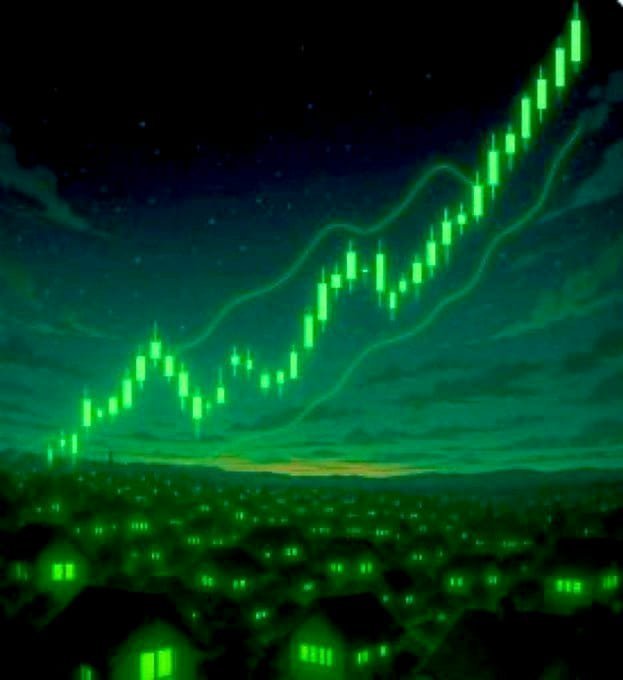 A surreal green-tinted nightscape features a glowing candlestick chart trending sharply upward across the sky above a small town with illuminated windows, visualizing an ambitious "50x" gains expectation typical of speculative altcoin posts. The rising green candles directly mirror the poster's bullish conviction and desire for massive multiplier returns.