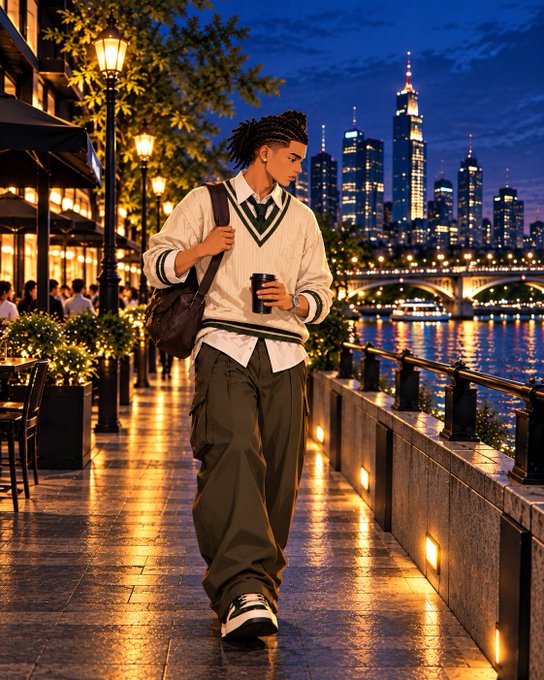 A young man with dreadlocks wearing a white and green varsity sweater, olive cargo pants, and white sneakers walks along a waterfront promenade at night, holding a coffee cup with a city skyline in the background.