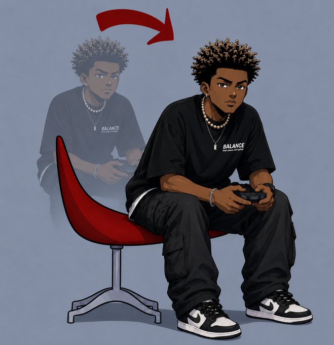 A digital illustration of a young man with curly hair wearing a black t-shirt that says 'BALANCE' and holding a game controller, sitting on a red chair with a faded ghosted version of himself behind him.