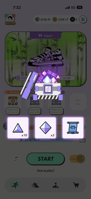 The image shows a phone screen with an app icon displayed, which appears to be a game or puzzle. The icons include a pair of shoes, a triangle, and a square. There are also several other icons related to gameplay elements such as a music player, a camera, and a shopping cart. The post in the image is titled "MB8開封- ̗̀ ̖́- *ﾟДﾟ)*(*ﾟДﾟ)".