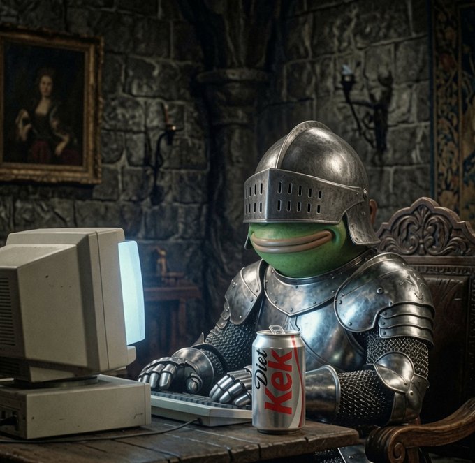 A knight clad in full armor with the iconic green Pepe the Frog face visible through the visor sits at a vintage computer in a stone-walled room, holding a silver Diet KFC can, humorously portraying the "incognito kekius maximus" as a medieval warrior secretly indulging in fast food while appearing to focus on his screen.