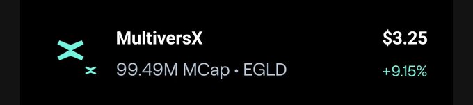 A cryptocurrency widget displaying MultiversX (EGLD) at $3.25 with a market cap of 99.49M and a 9.15% gain.