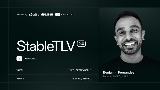 A promotional graphic for 'StableTLV 2.0' hosted by utila, MESH, and mastercard, featuring Benjamin Fernandes, Founder & CEO of NALA, with event details for Wednesday, September 2 in Tel-Aviv, Israel.