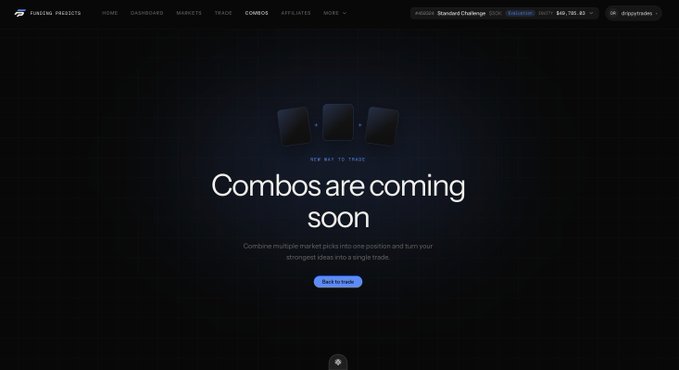 A dark-themed webpage from "FUNGI PRODUCTS" displays a centered message reading "Combos are coming soon" with the subtext "NEW WAY TO TRADE," promoting the ability to combine multiple market picks into one position. A blue "Back to trade" button sits below the text, suggesting the feature remains unfinished despite recent promises of an imminent update.