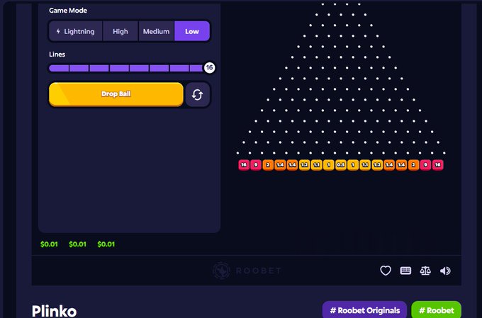 A Plinko gambling game interface on Roobet with Low game mode selected, 16 lines, $0.01 bets, and a triangular peg board with payout multipliers.