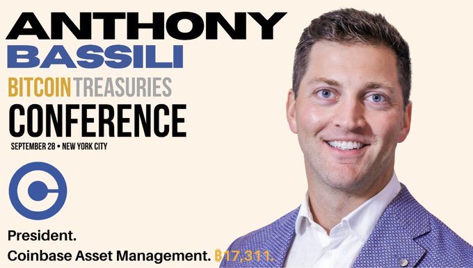 A promotional graphic features Anthony Bassili, President of Coinbase Asset Management, with '817,311' overlaid, for the Bitcoin Treasuries Conference on September 28 in New York City.