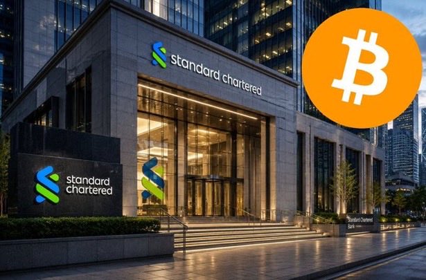 A Standard Chartered Bank branch is pictured alongside a Bitcoin symbol, visually connecting the bank's bullish $100,000 Bitcoin price prediction to its corporate identity. The prominent logos emphasize the major financial institution's endorsement of BTC as a "must-buy" opportunity.