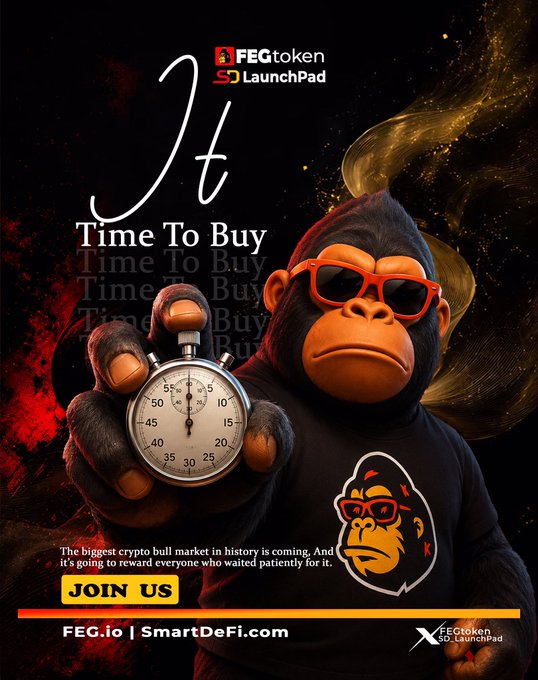 FEG Token LaunchPad advertisement featuring a 3D gorilla in sunglasses holding a stopwatch, with text reading 'It Time To Buy' and 'The biggest crypto bull market in history is coming.'