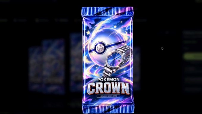 A booster pack of 'Pokemon Crown' trading card game featuring a Poké Ball and watch design on the packaging.