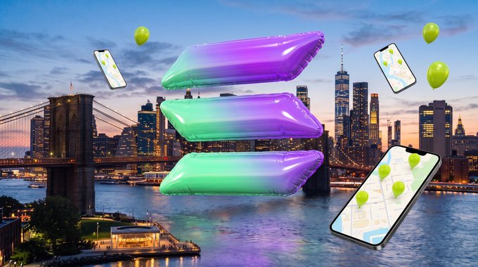 Three iridescent purple and green inflatable pillows float above a twilight view of the Brooklyn Bridge and Manhattan skyline, accompanied by smartphones displaying map interfaces with location pins and green balloons scattered around. The whimsical, surreal composition visually represents the "Touch Grass" meme concept on Solana, suggesting an app that helps users step outside and engage with real-world locations rather than staying online.