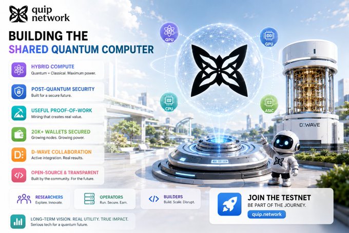 A promotional graphic for 'quip network' titled 'BUILDING THE SHARED QUANTUM COMPUTER,' featuring a futuristic cityscape, a D-Wave quantum computer, a butterfly logo, and a small robot, with listed features like 'HYBRID COMPUTE' and 'POST-QUANTUM SECURITY,' concluding with 'JOIN THE TESTNET quip.network'.