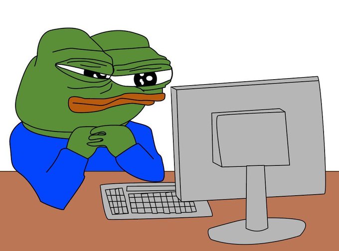 The image features the "Uncomfortable Pepe" frog character staring skeptically at a computer monitor, conveying a mood of doubt or suspicion. This relates to the post about a "web3 meetup" where entry is free but exit costs $100, humorously suggesting that attending such an event might be a shady or questionable decision worth side-eyeing.