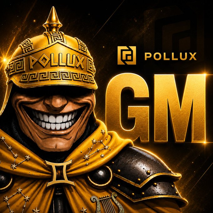 A stylized golden illustration of a menacing figure in ornate Roman-style armor with a helmet, grinning widely, alongside the 'POLLUX' logo and large 'GM' text.