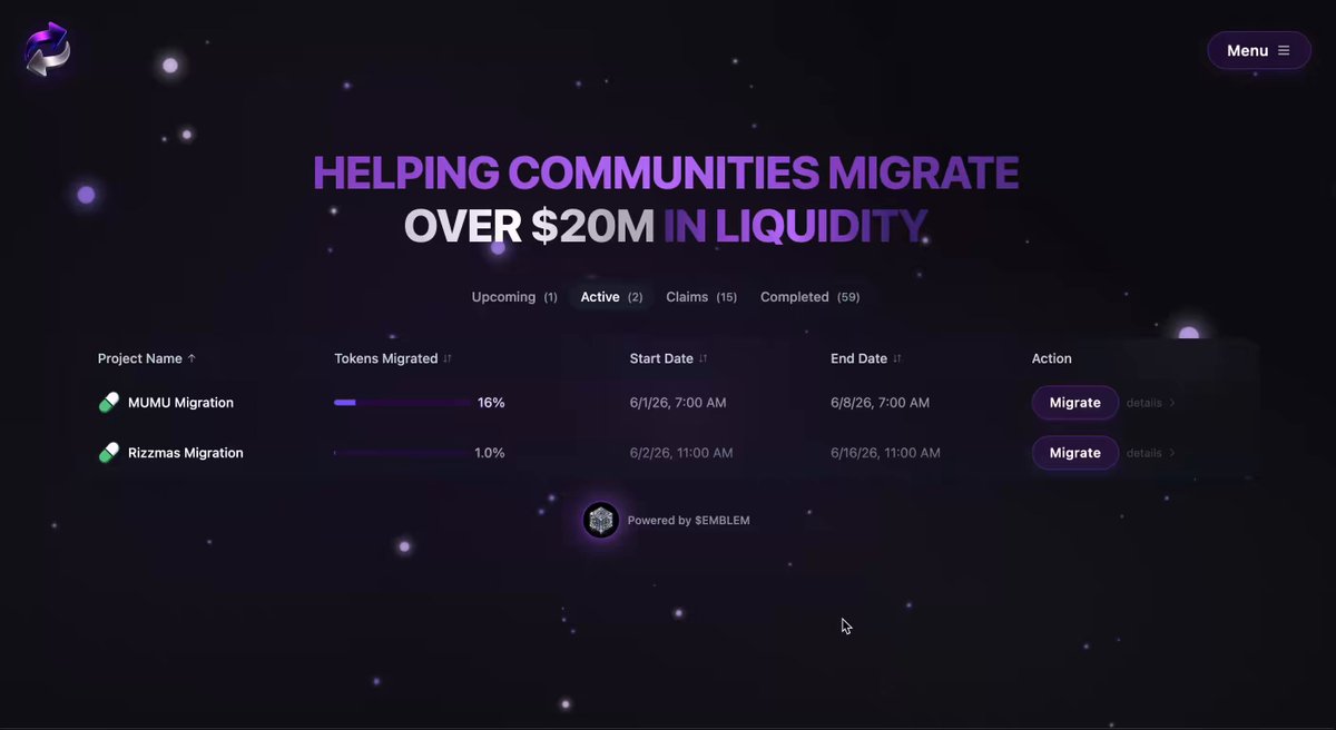 The image features a screenshot of an online help center, possibly from a website or app, with a purple background adorned with various stars that look like they're floating through space. In the bottom right corner of this photo, there's a text box that reads "Just migrated 1% of $Rizzmas using @MigrateFun The process was super easy." This suggests that someone has recently moved to a new location or system and is asking for assistance in migrating their data, perhaps from one cloud environment to another.