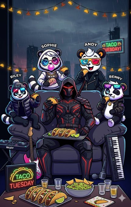 A cartoon illustration of a cyberpunk ninja character surrounded by four pandas (Sophie, Andy, Riley, Benny) enjoying tacos on 'Taco Tuesday'.