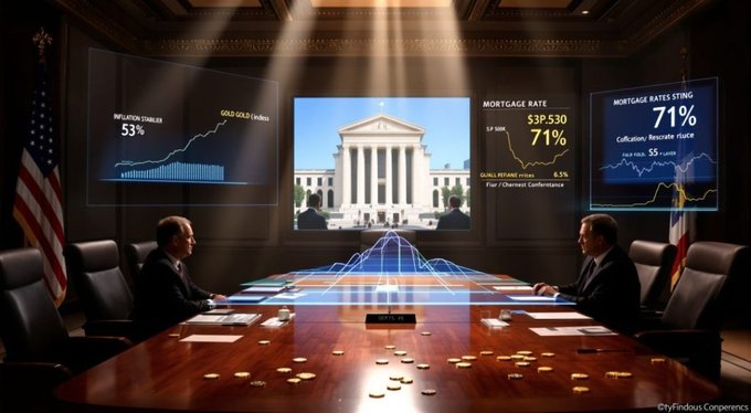 Cinematic scene of two men in suits seated across a long conference table with a holographic chart overlay, flanked by screens showing 'Inflation Stagflation 53%', 'Gold: Gold Coins', '$3P.530 71%', and 'Mortgage Rates 71% Collateral Bescrate rtace 55', with a Supreme Court-style building visible through the central window.