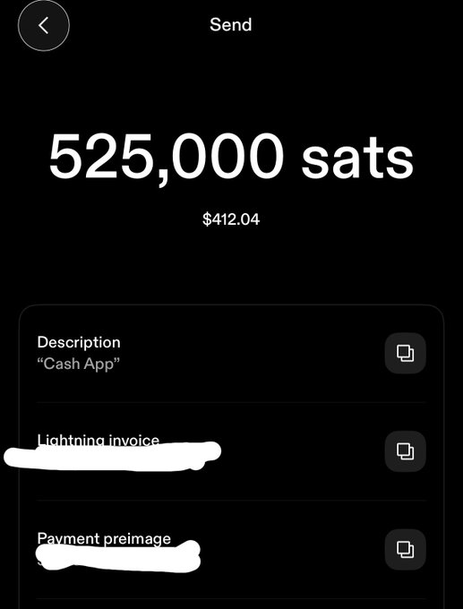 A screenshot of a Strike send screen showing a 525,000 sat transaction ($412.04) with the description "Cash App," where the Lightning invoice and Payment preimage fields have been scribbled out—visually demonstrating the post's claim of settling bitcoin between Strike and Cash App via Lightning with a 0-sat transaction fee.