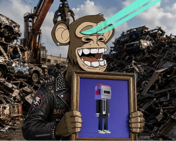 A Bored Ape Yacht Club NFT monkey character with laser-beam eyes, wearing a studded leather jacket, holds a framed pixel-art figure against a backdrop of a scrapyard with heavy machinery.