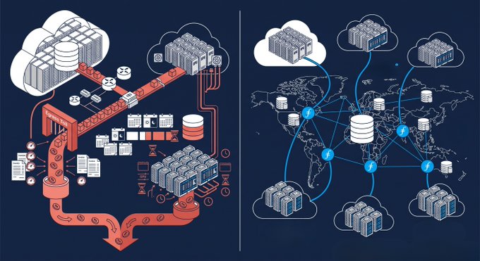 The image contrasts two cloud data architectures side-by-side: on the left, a traditional hyperscaler setup showing complex infrastructure with bottlenecks and idle servers, and on the right, a distributed global network (resembling Filecoin) with interconnected nodes and data centers spanning worldwide. The illustration visually reinforces the post's argument by depicting the inefficiency of centralized cloud transfers (where data must traverse congested pathways causing idle resource burn) versus a decentralized storage network that enables direct, cost-free data movement globally.