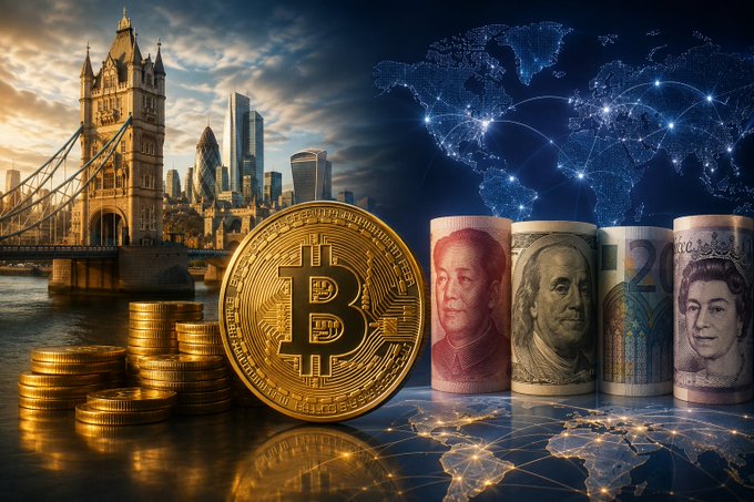 The image juxtaposes Bitcoin alongside global currencies on a world map connected with light beams, symbolizing the digital currency's role in the global financial ecosystem. It likely relates to the accompanying text discussing how countries like the UK, aiming to strengthen their positions as offshore yuan transaction centers, might benefit from Bitcoin as international trade and financial transactions shift towards greater use of the yen, enhancing the appeal of decentralized currencies like Bitcoin.