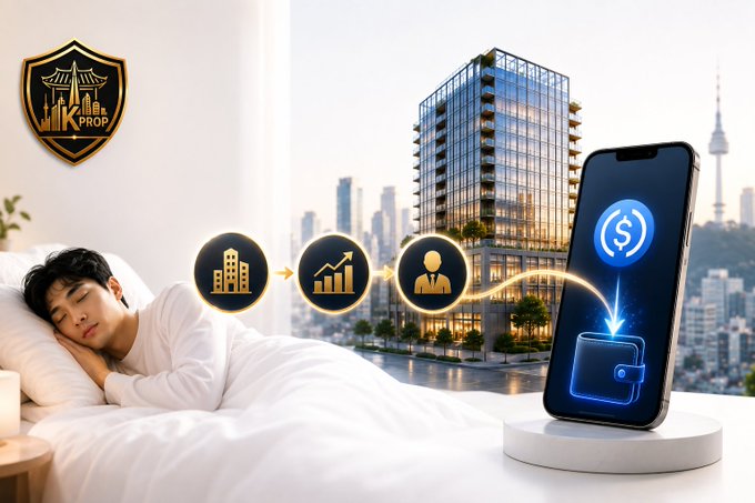 A promotional graphic for '1K PROP' featuring a sleeping man on the left, with a cityscape and modern building in the background, connected by icons to a smartphone displaying a digital wallet and dollar sign symbol, suggesting real estate investment through digital means.