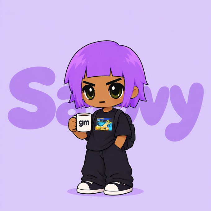 A cartoon avatar illustration with the name 'Samy' in purple text behind it, depicting a character with purple hair holding a 'gm' mug and wearing a black t-shirt and backpack.