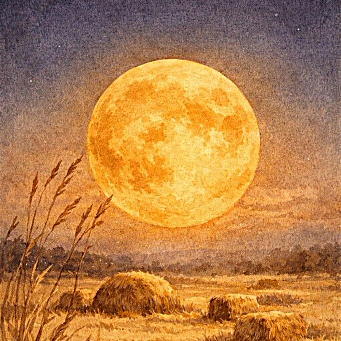 A massive, glowing harvest moon dominates the sky above a moonlit field scattered with golden haystacks, with wheat stalks silhouetted in the foreground. The image visually illustrates the post's theme of the moon's significance across ancient religions and Hebrew Scripture's distinct perspective on celestial worship.