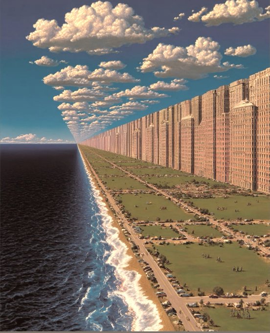 A surreal digital artwork showing a long coastal landscape with a massive wall of identical tall buildings running along the shore, with ocean on one side and green fields on the other.