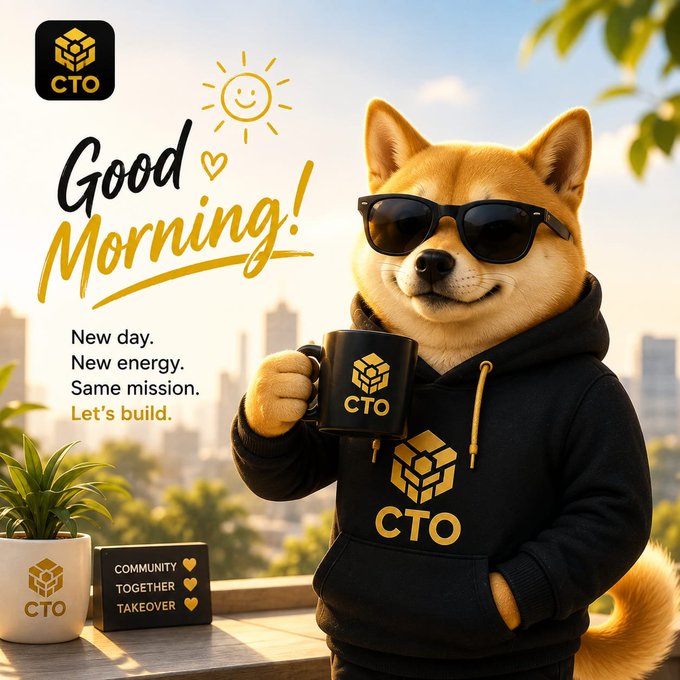 A promotional 'Good Morning!' graphic featuring a Shiba Inu dog wearing sunglasses and a black hoodie with 'CTO' branding, holding a matching mug, with text reading 'New day. New energy. Same mission. Let's build.' and 'COMMUNITY TOGETHER TAKEOVER' on a small board.