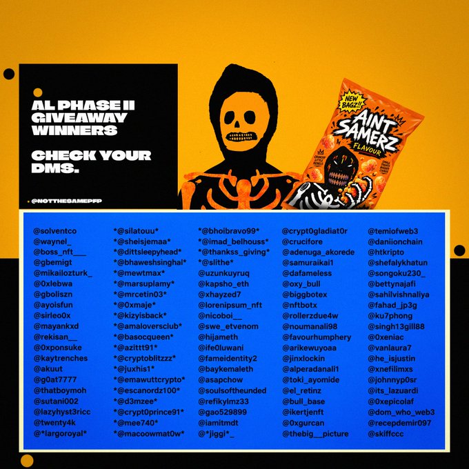 A promotional graphic with an orange background announces the "AL Phase II Giveaway Winners" alongside a cartoon hooded skull character holding a "Saint Samerz Flavour" snack pack, listing the winning Twitter/X handles below.