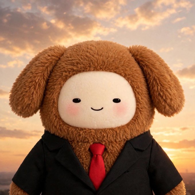 A 3D-rendered character of a brown fluffy mascot with dog ears wearing a black suit and red tie, smiling against a sunset sky background.