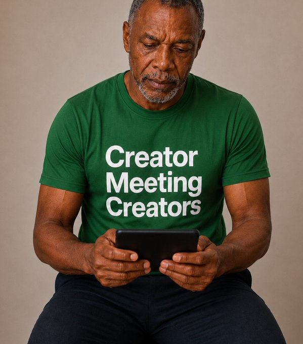 A man in a green t-shirt reading "Creator Meeting Creators" looks down at his tablet, illustrating the post's message about engaging in creator-to-creator conversations on relevant topics rather than commenting off-topic.