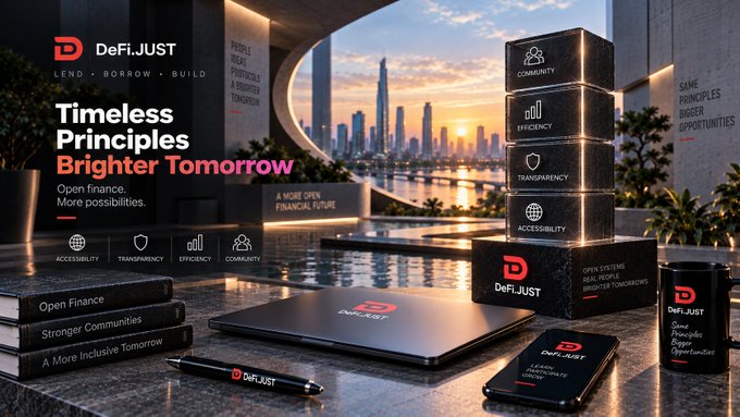 A promotional graphic for 'DeFiJUST' displaying the tagline 'Timeless Principles Brighter Tomorrow' with various items like a laptop, phone, mug, and books bearing the logo, set against a modern cityscape backdrop.