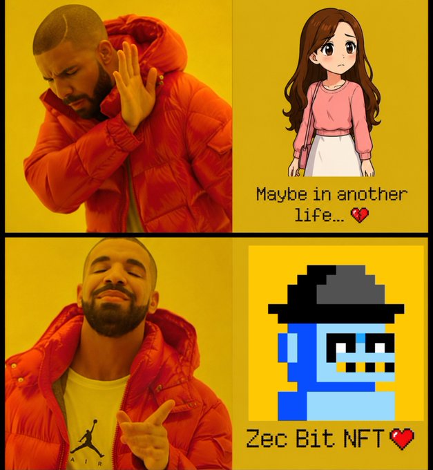 A Drake meme with four panels showing Drake rejecting an anime girl ('Maybe in another life...') but approving 'Zec Bit NFT'.