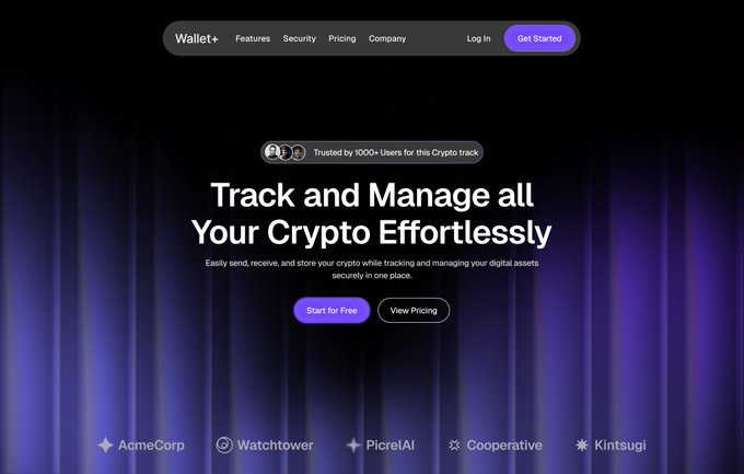 A website landing page for a crypto wallet service titled 'Track and Manage all Your Crypto Effortlessly', featuring navigation for Wallet+, Features, Security, Pricing, and a 'Get Started' button.