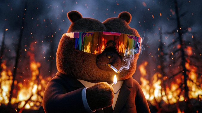 The image features a cartoon bear wearing sunglasses, holding a lit cigarette, and standing against a backdrop of fire-filled trees or bushes. The caption " Did someone turn up the heat? $BOBO" suggests that there might be an issue with the heating system in the area where the photo was taken, causing the fire to spread rapidly.
The bear is wearing sunglasses as part of its outfit and holding a lit cigarette, which could symbolize smoking or signify the presence of smoke from the fire. The overall scene creates a sense of danger and urgency due to the fire's rapid spread in the background.