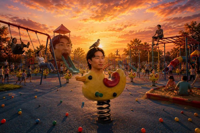 A surreal playground scene at sunset features a man's head atop a yellow spring rider with a bird perched on it, surrounded by scattered ball-pit balls, a slide shaped like his face, and people on swings and monkey bars. The whimsical, meme-like absurdity of the imagery visually echoes the post's claim that $SEYONGPARK is a "banger" poised for a viral comeback, mirroring the Frank meme's dramatic rise-and-return narrative.