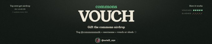 A 'commons VOUCH' airdrop banner showing a top 10000 airdrop and the username 'ariell_xye'.