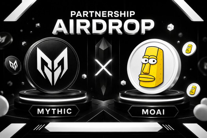 A sleek black promotional graphic announces the "PARTNERSHIP AIRDROP" between MYTHIC and MOAI, featuring their respective logos (a stylized "M" emblem and a golden Moai statue) displayed on pedestals connected by an "X" symbol, visually reinforcing the collaborative airdrop campaign between the two communities.