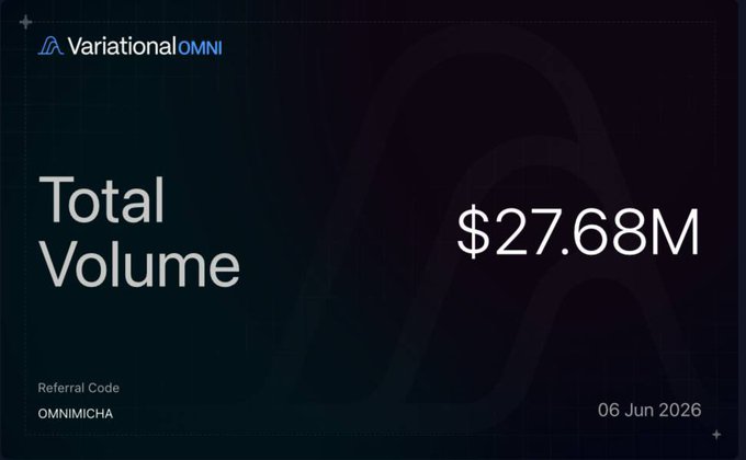 The image shows a screenshot of a presentation slide with a black background featuring text from the Variational Omnibus platform. The content displays the total volume for Bitcoin over the past two months at $27.68M, which includes an analysis and forecast about the cryptocurrency's value.