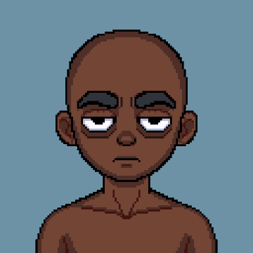 A pixel-art style illustration of a bald, dark-skinned character with a serious expression against a solid blue-gray background.