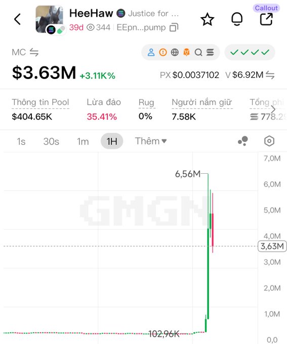 A cryptocurrency price chart on Gmgn showing a token called 'HeeHaw' with a value of $3.63M, up 3.11K%, with a dramatic price spike visible on the 1-hour chart.