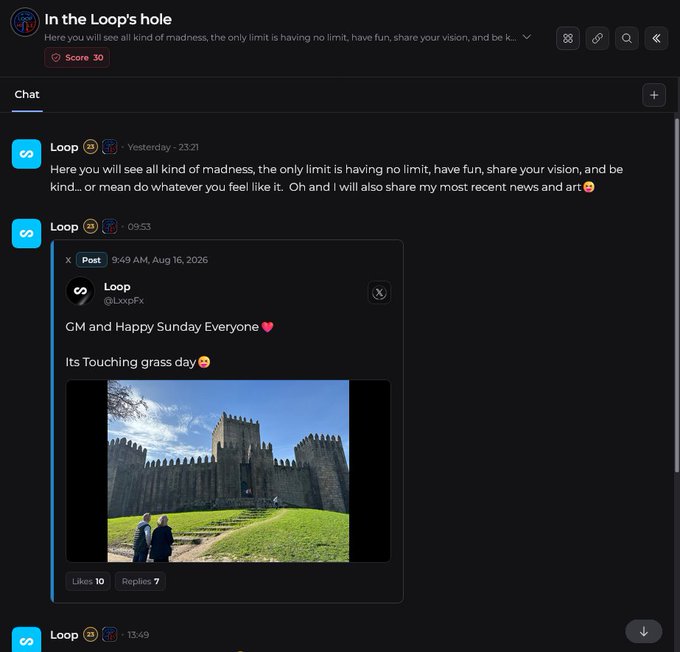 A chat interface titled 'In the Loop's hole' showing messages from user 'Loop' (@LpxpFx), featuring a 'GM and Happy Sunday Everyone' post with a photo of a castle and 10 likes.