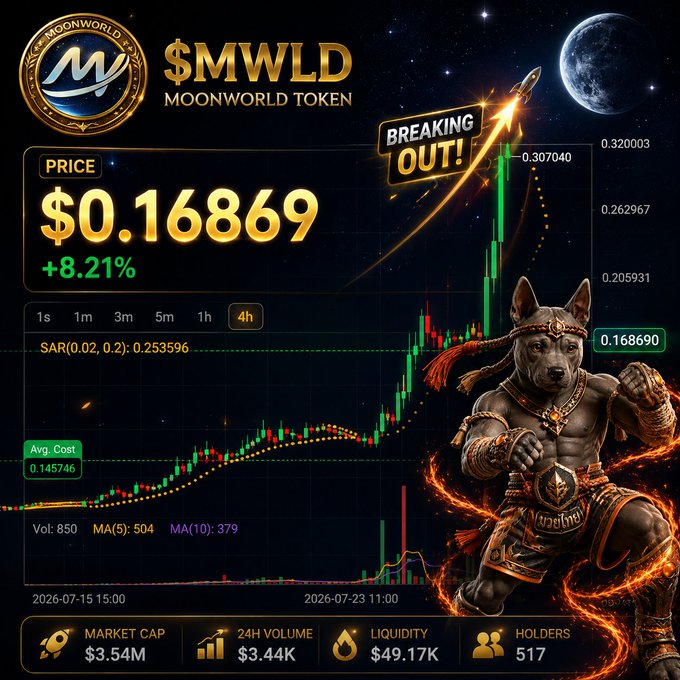 A promotional graphic for $MWLD Moonworld Token shows a price of $0.16869 (+8.21%), featuring a candlestick chart, a 'Breaking Out!' badge, and an armored dog warrior character with market stats including $3.54M market cap and 517 holders.